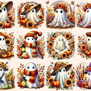 Pu&ograve; includere: Un collage digitale di dieci illustrazioni con simpatici fantasmi vestiti con abiti autunnali. Ogni fantasma &egrave; circondato da foglie autunnali, zucche e girasoli. I fantasmi indossano cappelli, sciarpe e altri accessori.