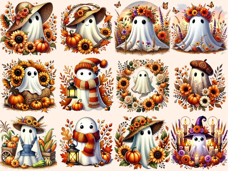 Pu&ograve; includere: Un collage digitale di dieci illustrazioni con simpatici fantasmi vestiti con abiti autunnali. Ogni fantasma &egrave; circondato da foglie autunnali, zucche e girasoli. I fantasmi indossano cappelli, sciarpe e altri accessori.