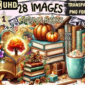Autumn Books Clipart - 28 PNG Cozy Reading Illustrations, Fall-Themed Art, Instant Digital Download, Unlimited Commercial Use for Crafts