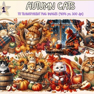Autumn Cats Clipart - 110 Cozy PNG Illustrations (Digital Download)