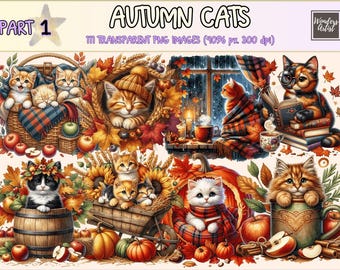 Autumn Cats Clipart - 110 Cozy PNG Illustrations (Digital Download)