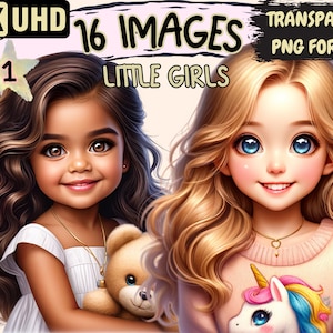 Little Girls Clipart - 16 PNG Adorable Sweet Kids Graphics, Cute Outfit Girl Printables, Instant Digital Download, Unlimited Commercial Use