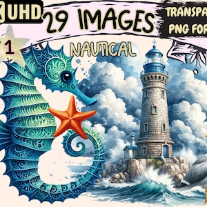 Nautical Clipart - 29 PNG Maritime Graphics, Sea Ocean Printables, Instant Digital Download, Unlimited Commercial Use for Crafts & Designs