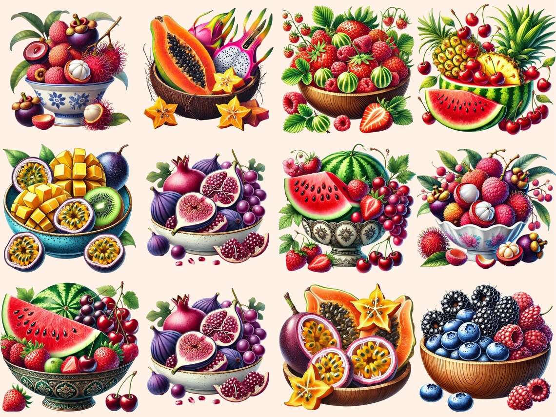 Watercolor Summer Fruit Bowls Clipart – 30 PNG Graphics (digital ...