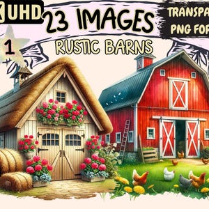 Rustic Barns Clipart - 23 PNG Country Farm Illustrations, Vintage Graphics Printables, Instant Digital Download, Unlimited Commercial Use