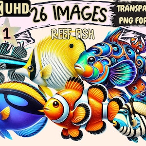 Reef Fish Clipart - 26 PNG Colorful Marine Life Illustrations, Ocean-Themed Art, Instant Digital Download, Unlimited Commercial Use Crafts