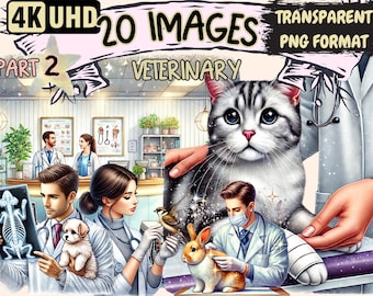 May include: A veterinary clinic scene with a cat, a rabbit, a puppy, and a bird. There are three people in the image, all wearing white coats and stethoscopes. The text on the image reads "4K UHD 20 IMAGES PART 2 VETERINARY TRANSPARENT PNG FORMAT".