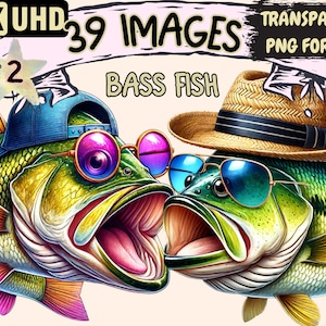 Bass Fish (P2) Clipart - 39 PNG Fisherman Lively Bass Graphics, Freshwater Fish Printables,Instant Digital Download,Unlimited Commercial Use