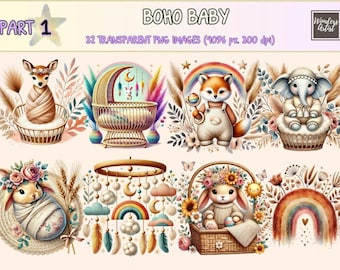 Boho Baby Clipart – Watercolor Nursery PNG Graphics (Digital Download)