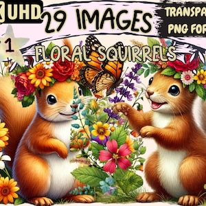 Floral Squirrels Clipart - 29 PNG Adorable Squirrel Graphics, Floral Printables, Instant Digital Download, Unlimited Commercial Use Crafts