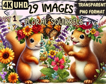 Floral Squirrels Clipart – 29 PNG Graphics, Commercial Use (Digital Download)