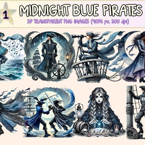 Midnight Blue Pirates Clipart - 39 PNG Nautical Fantasy Graphics, Dark Pirate Ocean Illustrations, Instant Digital Download, Commercial Use