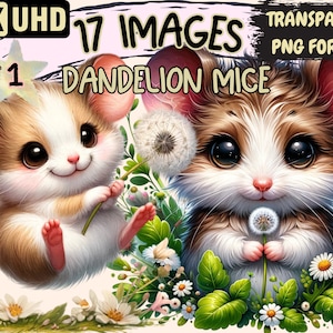 Dandelion Mice Clipart - 17 PNG Adorable Mouse Graphics, Dandelion Printables, Instant Digital Download, Unlimited Commercial Use for Crafts