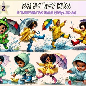 Rainy Day Kids (P2) Clipart - 25 PNG Cute Weather Graphics, Umbrella & Raincoat Illustrations, Instant Digital Download, Commercial Use