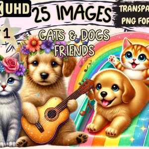 Cats & Dogs Friends Clipart - 25 PNG Little Pet Illustrations, Cute Animal Art, Instant Digital Download,Unlimited Commercial Use for Crafts