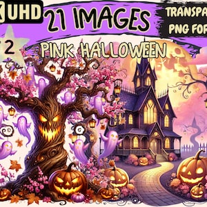 Pink Halloween (P2) Clipart - 21 PNG Cute Spooky Graphics, Pastel Witchy Printables, Instant Digital Download, Unlimited Commercial Use