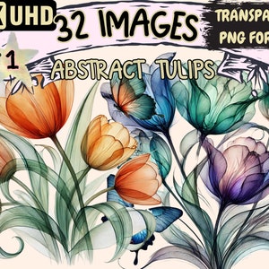 Abstract Tulips Clipart - 32 PNG Mosaic Floral Graphics, Beautiful Modern Tulip Designs, Instant Digital Download, Unlimited Commercial Use
