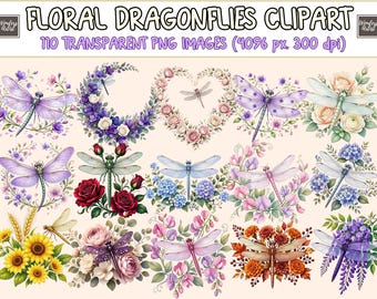 Floral Dragonflies Clipart - 110 PNG Botanical Dragonfly Graphics, Floral Printables, Instant Digital Download, Unlimited Commercial Use
