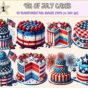 4th of July Cakes Clipart - 28 PNG Patriotic Dessert Graphics, Red White Blue Cake Illustrations, Instant Digital Download, Commercial Use