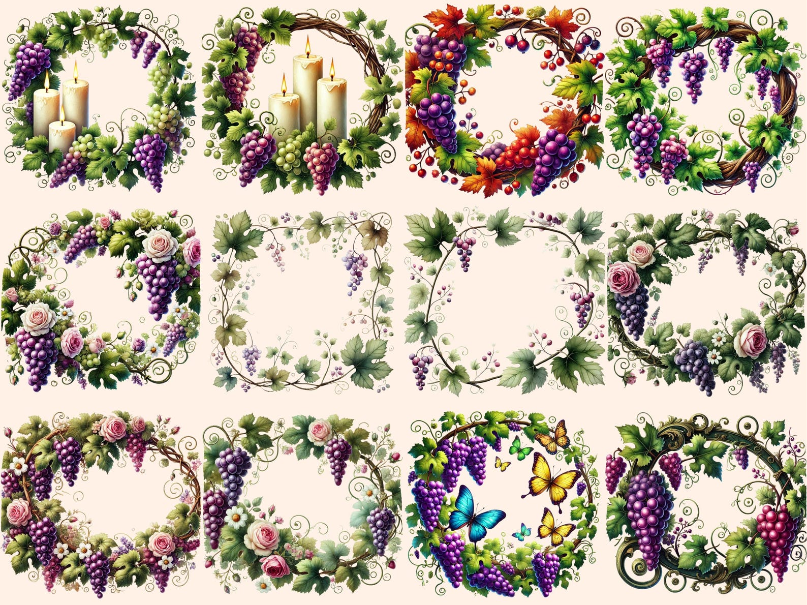 Grapevine Frames Clipart – 27 Vine-themed PNG Illustrations (digital ...