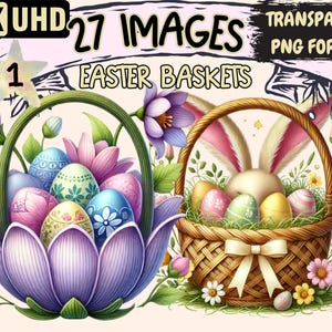 Easter Baskets Clipart - 27 PNG Spring Graphics, Festive Basket Illustrations, Egg Hunt Printables, Instant Digital Download, Commercial Use