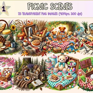 Picnic Scenes Clipart - 25 PNG Outdoor Nature Gathering Graphics, Cozy Spring Blanket Illustrations, Instant Digital Download,Commercial Use