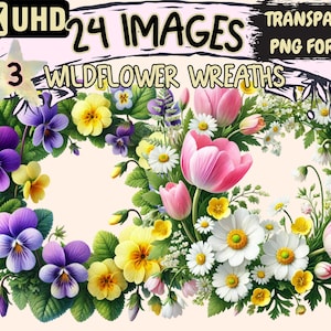 Wildflower Wreaths (P3) Clipart - 24 PNG Botanical Frame Graphics, Rustic Floral Illustrations, Instant Digital Download, Commercial Use