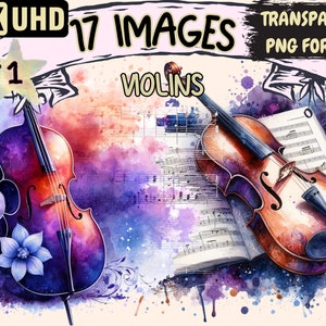 Violins Clipart - 17 PNG Elegant Violin Graphics, Music Printables, Instant Digital Download, Unlimited Commercial Use for Crafts & Designs
