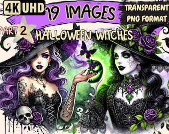 Halloween Witches (P2) Clipart - 19 PNG Spooky Witch Graphics, Magic Witch Printables, Instant Digital Download, Unlimited Commercial Use