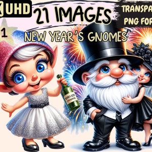 New Year's Gnomes Clipart - 21 PNG Party Gnome Graphics, Cute Drinks Gnomes Printables, Instant Digital Download, Unlimited Commercial Use