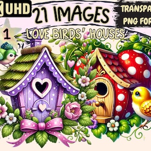 Love Birds' Houses Clipart - 21 PNG Charming Birdhouse Illustrations, Romantic Graphics, Instant Digital Download, Unlimited Commercial Use