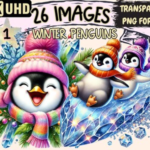Winter Penguins Clipart - 26 PNG Adorable Penguin Illustrations, Seasonal Graphics, Instant Digital Download, Unlimited Commercial Use
