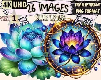 Blue Lotus Flower Clipart – 26 PNG Illustrations, Botanical Art (Digital Download)