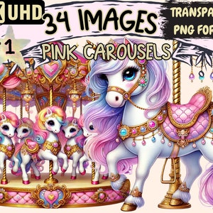 Pink Carousels Clipart - 34 PNG Whimsical Carousel Graphics, Fair Printables, Instant Digital Download, Unlimited Commercial Use for Crafts