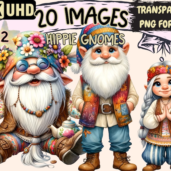 Hippie Gnomes (P2) Clipart - 20 PNG Hipster Boho Gnome Graphics, Cute Gnomes Printables, Instant Digital Download, Unlimited Commercial Use