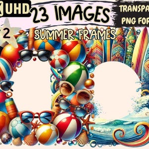 Tropical Summer Frame Clipart – Beach Ball PNG Graphics (Digital Download)