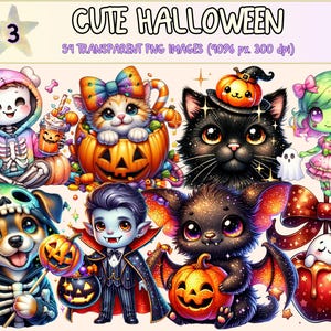 Cute Halloween (P3) Clipart - 54 PNG Adorable Spooky Illustrations, Festive Art, Instant Digital Download, Unlimited Commercial Use Crafts