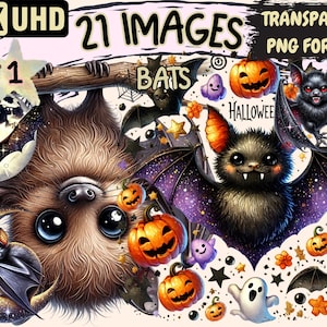Bats Clipart - 21 PNG Flying Mammal Illustrations, Halloween Cute Bat Art, Instant Digital Download, Unlimited Commercial Use for Crafts