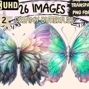 Dreamy Butterflies (P2) Clipart - 26 PNG Enchanting Whimsical Butterfly Illustrations, Instant Digital Download, Unlimited Commercial Use