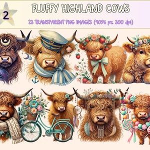 Fluffy Highland Cows (P2) Clipart - 23 PNG Cute Cow Graphics, Cozy Farm Animal Illustrations, Instant Digital Download, Commercial Use