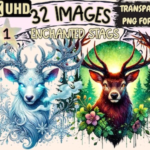 Enchanted Stags Clipart - 32 PNG Magical Deer Illustrations, Fantasy Forest Art, Instant Digital Download, Unlimited Commercial Use
