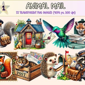 Animal Mail (P1) Clipart - 22 PNG Cute Animal Graphics, Envelope & Letter Printable Illustrations, Instant Digital Download, Commercial Use