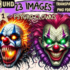 Psycho Clowns Clipart - 23 PNG Creepy Clown Graphics, Horror Circus Printables, Instant Digital Download, Unlimited Commercial Use Crafts