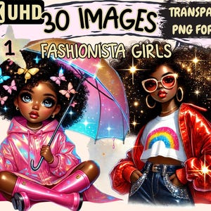 Fashionista Girls Clipart - 30 PNG Stylish African-American Girl Illustrations,Fashion Art,Instant Digital Download,Unlimited Commercial Use