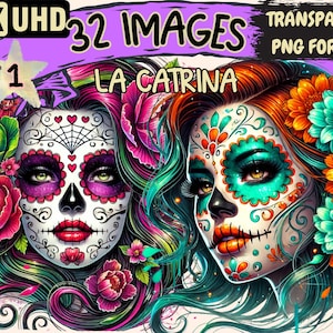 La Catrina Clipart - 32 PNG Day of the Dead Graphics, Sugar Skull Printables, Instant Digital Download, Unlimited Commercial Use for Crafts