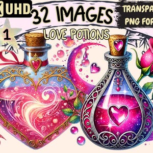 Love Potions Clipart - 32 PNG Enchanted Potion Illustrations with Romantic Themes, Instant Digital Download, Unlimited Commercial Use
