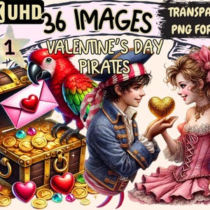 Valentine's Day Pirates Clipart - 36 PNG Romantic Pirate Illustrations, Love-Themed Art, Instant Digital Download, Unlimited Commercial Use