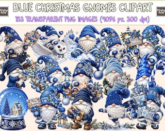 May include: A collection of digital illustrations featuring blue Christmas gnomes, snow globes, and holiday elements. The text reads BLUE CHRISTMAS GNOMES CLIPART and 153 TRANSPARENT PNG IMAGES (4096 px. 300 dpi). The gnomes wear blue hats and outfits.
