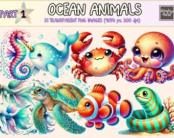 Watercolor Ocean Animals Clipart: Marine Life Illustrations (Digital Download, Commercial Use)