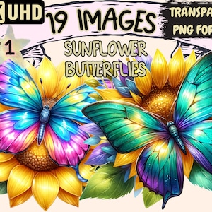 Sunflower Butterflies Clipart - 19 PNG Bright Butterfly Graphics, Floral Printables,Instant Digital Download,Unlimited Commercial Use Crafts